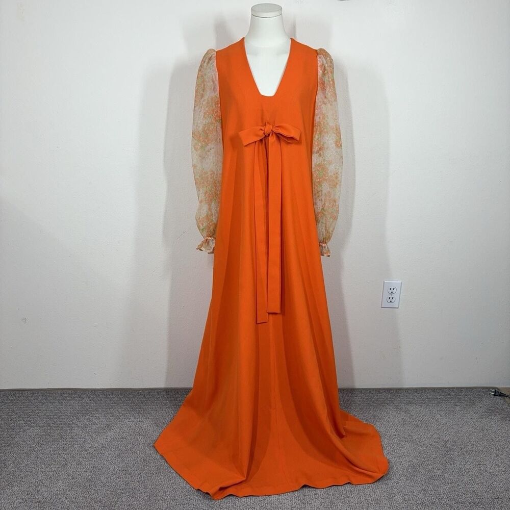 Vintage Maxi Dress Womens Medium Orange Floral Bow Party 60s 70s Hippie Retro